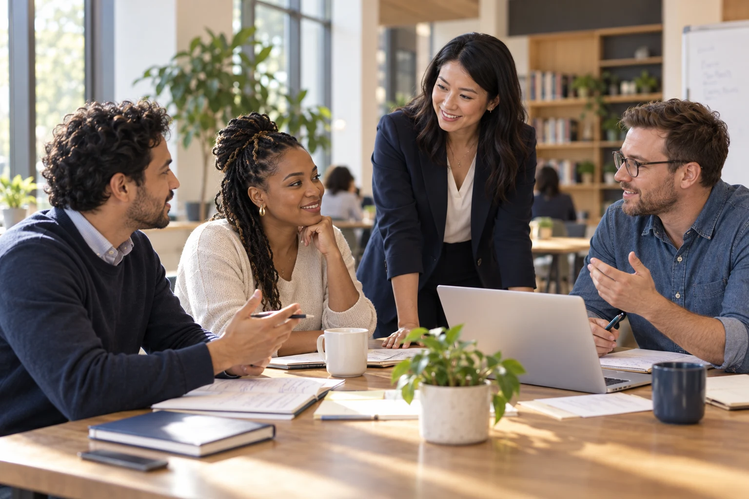 A group of colleagues discuss ideas around a table